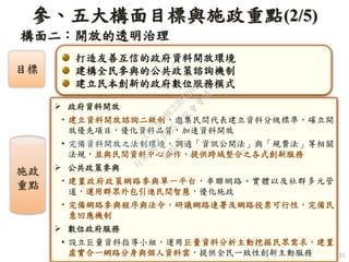 構面二：開放的透明治理
11
打造友善互信的政府資料開放環境
建構全民參與的公共政策諮詢機制
建立民本創新的政府數位服務模式
 政府資料開放
• 建立資料開放諮詢二級制，邀集民間代表建立資料分級標準，確立開
放優先項目，優化資料品質，加速資料開放
• 完備資料開放之法制環境，調適「資訊公開法」與「規費法」等相關
法規，並與民間資料中心合作，提供跨域整合之各式創新服務
 公共政策參與
• 建置政府政策網路參與單一平台，串聯網路、實體以及社群多元管
道，運用群眾外包引進民間智慧，優化施政
• 完備網路參與程序與法令，研議網路連署及網路投票可行性，完備民
意回應機制
 數位政府服務
• 設立巨量資料指導小組，運用巨量資料分析主動挖掘民眾需求，建置
虛實合一網路分身與個人資料雲，提供全民一致性創新主動服務
參、五大構面目標與施政重點(2/5)
施政
重點
目標
行
政
院
行
政
院
第
3455次
院
會
會
議
C9CAFABC230A2D95
 