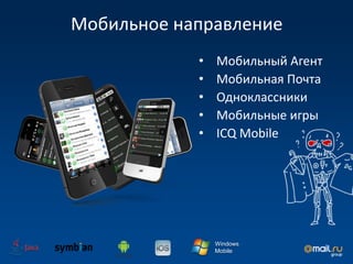 Мобильное направление
            •   Мобильный Агент
            •   Мобильная Почта
            •   Одноклассники
            •   Мобильные игры
            •   ICQ Mobile




                Windows
                Mobile
 