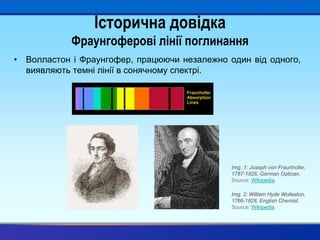 Історична довідка
Фраунгоферові лінії поглинання
• Волластон і Фраунгофер, працюючи незалежно один від одного,
виявляють темні лінії в сонячному спектрі.
Img. 1: Joseph von Fraunhofer,
1787-1826, German Optican.
Source: Wikipedia,
Img. 2: William Hyde Wollaston,
1766-1828, English Chemist.
Source: Wikipedia
 