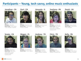 Participants – Young, tech savvy, online music enthusiasts
 Jonathan - CA                  Paul - CA                        Amanda - IL                  Svetlana - PA               David - VA




 Age: 20                        Age: 21                          Age: 19                      Age: 22                     Age: 30
 Fav Band: Linkin Park          Fav Band: Three Days Grace       Fav Band: Jacks Mannequin    Fav Band: Less Than Jake    Fav Band: Kenney Chesney
 Recent Visits: Yahoo! Music,   Recent Visits: Yahoo! Music,     Recent Visits: iTunes,       Recent Visits: AOL Music,   Recent Visits: Yahoo! Music,
 iTunes, MySpace, Facebook      Pandora, Facebook                Facebook, MTV                Yahoo! Music, iTunes,       iTunes, MySpace
                                                                                              Download.com, MySpace,
                                                                                              Facebook, MTV



 Sergio - CA                    Megan - FL                       Andrew - TX                  Chris - TX                  Kelly - PA




 Age: 18                        Age: 30                          Age: 21                      Age: 27                     Age: 21
 Fav Band: DragonForce          Fav Band: Dave Matthews          Fav Band: Circa Survive      Fav Band: Sparta            Fav Band: 50 Cent
 Recent Visits: AOL Music,      Recent Visits: iTunes, Napster   Recent Visits: AOL Music,    Recent Visits: iTunes,      Recent Visits: Yahoo! Music,
 Yahoo! Music, iTunes,                                           iTunes, MySpace, Facebook,   MySpace, Facebook, MTV      iTunes, MySpace, Facebook
 Rhapsody, MySpace,                                              MTV
 Facebook, MTV



                                                                                                                                                         11
 