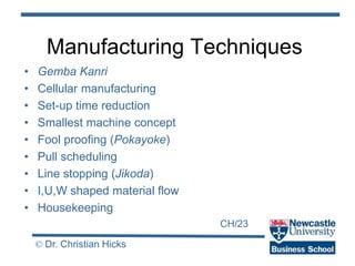 CH/23
© Dr. Christian Hicks
Manufacturing Techniques
• Gemba Kanri
• Cellular manufacturing
• Set-up time reduction
• Smallest machine concept
• Fool proofing (Pokayoke)
• Pull scheduling
• Line stopping (Jikoda)
• I,U,W shaped material flow
• Housekeeping
 
