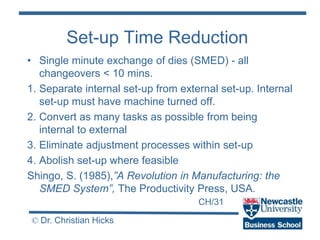 CH/31
© Dr. Christian Hicks
Set-up Time Reduction
• Single minute exchange of dies (SMED) - all
changeovers < 10 mins.
1. Separate internal set-up from external set-up. Internal
set-up must have machine turned off.
2. Convert as many tasks as possible from being
internal to external
3. Eliminate adjustment processes within set-up
4. Abolish set-up where feasible
Shingo, S. (1985),”A Revolution in Manufacturing: the
SMED System”, The Productivity Press, USA.
 