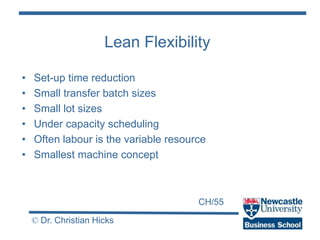 CH/55
© Dr. Christian Hicks
Lean Flexibility
• Set-up time reduction
• Small transfer batch sizes
• Small lot sizes
• Under capacity scheduling
• Often labour is the variable resource
• Smallest machine concept
 