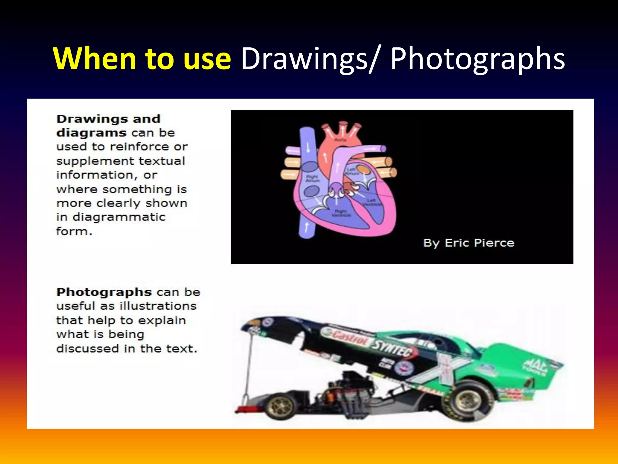 When to use Drawings/ Photographs
 