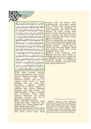 24
@ @@ @

                                          келтирди.      Экөө    тең   Биздин    салих
 JIHGFEDCBA пенделерибиздин (никесинин) астында
            болчу. Экөө(нүн аялы) экөөнө кыянат
 QPONMLK кылышты. Анан, эки пайгамбар тең
 [ZYXWVUTSR нерседен эки аялды куткара келген)
            Аллах тарабынан (азап болуп
                                         албай
 dcba`_^] калышты. Жана (эки аялдын бири сүүга
                                          чөгүп, экинчисин жер жутуп өлгөндө,
 ponmlkjihgfe аларга) «киргендер менен бирге тозокко
                                          киргиле!» деп айтылды.
 xwvutsrq KАллах ыймандуулар үчүн Фираундун
           аялын (үлгү катары) мисал келтирди. Бир
 a`_~}|{zy кезде ал (дуба кылып): «эй, Раббим! Мага
 jihgfedcb тургузуп бер жана – Бейиште бир үй
           Өзүңдүн алдыңда
                             мени Фираун менен
 rqponmlk анын амалынан куткар! Мени заалым
                                          адамдардан сакта!» деди.
 {zyxwvuts                                L(Жана Аллах) Имрандын кызы
                                          Марямды дагы мисал (үлгү) кылды. Ал
 ¤£¢¡~}|                                 абийирин сактаган кыз болчу. Кийин Биз
                                          ага (Жибрийл периштени жиберип) Өз
 °¯®¬«ª©¨§¦¥                              Рухубуздан үйлөдүк.1 Ал Раббисинин
                                          Сөзүн жана Китебин тастыктады жана
 ¹¸¶µ´³²±                                 моюн сунуучулардан болду.
 ÁÀ¿¾½¼»º
 ÉÈÇÆÅÄÃÂ
HЭй, ыйман келтирген пенделер!
Аллахка чын жүрөктөн тооба кылгыла!
(Ошондо) Раббиңер күнөөңөрдү өчүрүп,
түбүнөн     дарыялар     агып    турган
бейиштерге киргизсе ажеп эмес. Ал
(кыямат) күндө Аллах (эч качан)
пайгамбар жана аны менен бирге
болгондорду      шерменде      кылбайт!
Алардын (Аллах берген) нурлары оң
тарабында жана алдында (жарытып)
агылганда алар (дуба кылып:) «эй,
Парбардигерибиз! («Сырат» көпүрөдөн
өтүп    алганыбызга    чейин)    биздин
нурубузду кемитпегей элең! Биздин
күнөөлөрдү кечиргей элең! Сен ар
нерсеге кудуреттүүсүң!» дешет.
IЭй, пайгамбар! Каапырлар менен           1
                                                Жибрийл периште анын жакасынан
мунафыктарга каршы жихад кыл жана             үйлөгөндө, ошол дем анын жатынына барат
чечкиндүү бол! Алардын бараар жери –          жана Аллах Тааланын «бол!» деген буйругу
тозок! Кандай жаман акыбет!                   менен Ыйсага кош бойлуу болот. Маалым
JАллах каапырлар(дын акыбети кандай           болгондой бул окуяда Ыйсаны Аллах
                                              Таалага бала кылып таң уулагыдай эч нерсе
жаман бүтүшүн билгизүү) үчүн Нухтун           жок. Ыйса болгону Аллахтын Кудуретинин
аялы менен Луттун аялын мисал                 белгиси жана «бол» деген Сөзүнүн тастыгы.
 