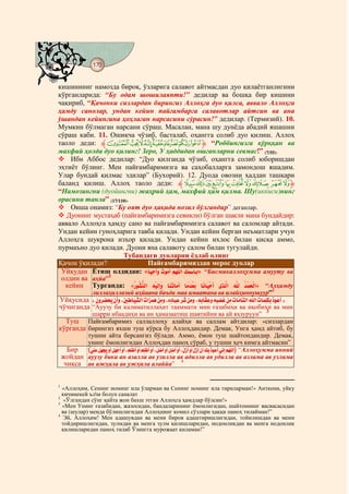 170
    @ @@ @


кишининиг намозда бироқ, ўзларига салавот айтмасдан дуо қилаётганлигини
кўрганларида: “Бу одам шошилаяпти!” дедилар ва бошқа бир кишини
чақириб, “Қачонки сизлардан бирингиз Аллоҳга дуо қилса, аввало Аллоҳга
ҳамду санолар, ундан кейин пайғамбарга салавотлар айтсин ва ана
ўшандан кейингина ҳоҳлаган нарсасини сўрасин!” дедилар. (Термизий). 10.
Мумкин бўлмаган нарсани сўраш. Масалан, мана шу дунёда абадий яшашни
сўраш каби. 11. Ошиқча чўзиб, басталаб, оҳангга солиб дуо қилиш. Аллоҳ
таоло деди: ‫{|}~¡ﱸ‬zyx‫“ ﱹ‬Роббингизга қўрққан ва
махфий ҳолда дуо қилинг! Зеро, У ҳаддидан ошганларни севмас!” (7/55).
    Ибн Аббос дедилар: “Дуо қилганда чўзиб, оҳангга солиб юборишдан
эҳтиёт бўлинг. Мен пайғамбаримизга ва саҳобалларга замондош яшадим.
Улар бундай қилмас эдилар” (Бухорий). 12. Дуода овозни ҳаддан ташқари
баланд қилиш. Аллоҳ таоло деди: ‫ﱸ‬qponmlkjih‫ﱹ‬
“Намозингни (дуойингни) жаҳрий ҳам, махфий ҳам қилма. Шу(иккиси)нинг
орасини танла” (17/110).
    Оиша онамиз: “Бу оят дуо ҳақида нозил бўлгандир” деганлар.
   Дуонинг мустаҳаб (пайғамбаримизга севикли) бўлган шакли мана бундайдир:
аввало Аллоҳга ҳамду сано ва пайғамбаримизга салавот ва саломлар айтади.
Ундан кейин гуноҳларига тавба қилади. Ундан кейин берган неъматлари учун
Аллоҳга шукрона изҳор қилади. Ундан кейин ихлос билан қисқа аммо,
пурмаъно дуо қилади. Дуони яна салавоту салом билан тугулайди.
                     Тубандаги дуоларни ёдлаб олинг
Қачон ўқилади?               Пайғамбаримиздан мерос дуолар
 Уйқудан Ётиш олдидан: «EæÐèFæÍ# SÎç F# Ãç ü½D# »ìÂèoEìL» “Бисмикаллоҳумма амууту ва
                                ô ç Áô î Ê¾ ô
 олдин ва аҳйа”1
  кейин Турганда: «ç Îç ï ½D# ËèÐô½JæÍ# EæÆæPEæÁF# EæÁhèªæL# EæÅEæÐèôF# Òìjü D# Ëüì½# hèÂæ]ö½D» “Алҳамду
                         k tÆ ì ú               ô æ                         ½ ì¾ ç
                       лиллаҳиллазий аҳйаана баъда маа амаатана ва илайҳиннушуур”2
Уйқусида #úÈÍç ç è]æÏ#èÈFæÍ#/ú–ìEæÐî ½D#ìSDænæÂæÉ#èÇìÁæÍ#/ìÌgEæMì©#ò æs#ÇÁæÍ#/ìËLEô¶ì©æÍ#ìËìMæ|ô­#èÇìÁ#ìSEî Eî ½D#ìËü½D#ìSEæÂì¾ôºL#ç Îç F#'
              l| ô                   t                        ì l                                           ÁQ ¾                     i ©ô
чўчиганда “Ауузу би калиматиллаҳит тааммати мин ғазабиҳи ва иқобиҳи ва мин
            шарри ибаадиҳи ва ин ҳамазаатиш шаятийни ва ай яҳзуруун” 3#
   Туш Пайғамбаримиз саллаллоҳу алайҳи ва саллам айтдилар: «сизлардан
кўрганда бирингиз яхши туш кўрса бу Аллоҳдандир. Демак, Унга ҳамд айтиб, бу
         тушни айта берсангиз бўлади. Аммо, ёмон туш шайтондандир. Демак,
         унинг ёмонлигидан Аллоҳдан паноҳ сўраб, у тушни ҳеч кимга айтмасин”
   Бир (Ñô¾æ©#¿æÊèYçÏ#èÍFô#¿æÊèXFô#èÍFô#/æÃô¾ö¥Fõ#èÍFô#æÃì¾¥ôF#èÍFô#/ë¿æ{Fõ#ÍF#ë¿ì{Fô#èÍFô#/ëÀæmFõ#èÍFô#ëÀúmFô#èÈFô#ô»ìL#çiÎç©Fô#ÑòÅJú#îÃçÊü¾½ôD) “Аллоҳумма инний
          î
 жойдан ауузу бика ан азалла ав узилла ав адилла ав удилла ав азлама ав узлима
  чиқса ав ажҳала ав ужҳила алаййа” 4


1
  «Аллоҳим, Сенинг номинг ила ўларман ва Сенинг номинг ила тириларман!» Анткени, уйку
  кичинекей ълм болуп саналат
2
   «Ўлгандан сўнг қайта жон бахш этган Аллоҳга ҳамдлар бўлсин!»
3
  «Мен Унинг ғазабидан, жазосидан, бандаларининг ёмонлигидан, шайтоннинг васвасасидан
  ва (шулар) менда бўлишлигидан Аллоҳнинг комил сўзлари ҳаққи паноҳ тилайман!”
4
   Эй, Аллоҳим! Мен адашувдан ва мени биров адаштиришлигидан, тойилишдан ва мени
  тойдиришлигидан, зулмдан ва менга зулм қилишларидан, нодонликдан ва менга нодонлик
  қилишларидан паноҳ тилаб Ўзингга мурожаат қиламан!”
 