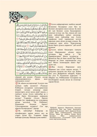 24
@ @@ @


                                         JАллоҳ кофирлар(нинг оқибати қандай
  JIHGFEDCBA
                                         бўлишини билдириш) учун Нух ва
  QPONMLK Лутнинг аёлларини мисол қилди. Бу икки
                                         аёл ҳам Бизнинг солиҳ бандаларимиз
 [ZYXWVUTSR (никоҳи) остида эди. Бас, иккала аёл ҳам
 dcba`_^] икки пайғамбарга хиёнат қилдилар.
                                         Кейин икки пайғамбар ҳам Аллоҳ
 ponmlkjihgfe тарафидан (азоб тариқасида) келган
                                         нарсадан икки аёлни қутқара олмади. Ва
 xwvutsrq (охиратда) икки аёлга “Киргувчилар
 a`_~}|{zy билан бирга дўзахга кирингиз” деб хитоб
                                         қилинди.
 jihgfedcb KАллоҳ мўмин бандаларга (намуна
 rqponmlk учун) Фиръавннинг аёлини мисол
                                         келтирди.    Бир    пайтда     у:   “Эй,
 {zyxwvuts Парвардигорим! Менга ҳузурингда –
                                         Жаннатда бир уй бино қилиб бер! Мени
 ¤£¢¡~}| Фмръавн ва унинг кирдикоридан озод
 °¯®¬«ª©¨§¦¥ қил! Менга золимлардан нажот бер!”
                                         деган эди.
 ¹¸¶µ´³²± L(Яна Аллоҳ) Имроннинг қизи
 ÁÀ¿¾½¼»º Марямни ҳам (гўзал намуна қилди). У
                                         номусини сақлаган қиз бола эди. Кейин
 ÉÈÇÆÅÄÃÂ (Биз унга Жибрийлни юбориб), Кейин
                                         Биз унга Ўз Руҳимизни пуфладик.1 У
сўрамай қўя қолинг. (Чунки), сизлар (Марям) эса, Роббисининг Сўзларини ва
кирдикорларингизга      яраша       жазо Китобларини тасдиқ қилди ва итоаткор-
олмоқдасиз, холос!                       лардан бўлди.
HЭй, иймон келтирганлар! Аллоҳга чин
қалбдан тавба қилингиз! (Ўшанда)
Роббингиз сизларнинг гуноҳларингизни
ўчириб,    тагидан    анҳорлар     оққан
жаннатларга дохил қилса ажаб эмаски, у
(қиёмат) кунда Аллоҳ пайғамбар ва у
билан бирга бўлганларни шарманда
қилмас! Уларнинг (Аллоҳ берган)
нурлари ўнг тарафларида ва олдиларида
жилва    қилганда     “Эй,    Роббимиз!
Нуримизни         батамом        бергил!
Гуноҳларимизни кечиргил! Сен ҳар 1
нарсага Қодирдурсан!” дерлар.              Жибрийл фаришта Марямнинг ёқасидан
                                          пуфлаганда, ўша дам унинг бачадонига
IЭй,      пайғамбар!    Кофирлар      ва боради ва Аллоҳнинг «Бўл!» фармони билан
мунофиқларга қарши жиҳод қил ва бўлади. Ийсо алайҳиссаломга ҳомиладор
                                          ундан
                                                  Мана шу сабабли бошқа баъзи
уларга ўктам бўл. Уларнинг борар оятларда               Ийсо       алайҳиссаломни
жойлари дўзахдир. Нақадар хуник оқибат!. «Калиматуллоҳ» (Аллоҳнинг Сўзи) деган
                                          номи зикр қилингандир.
 