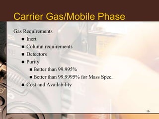 Carrier Gas/Mobile Phase
Gas Requirements:


    Inert
    Column requirements
    Detectors
    Purity
       Better than 99.995%
       Better than 99.9995% for Mass Spec.
    Cost and Availability




                                              16
 