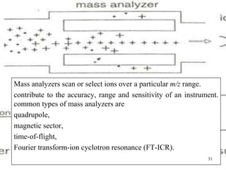 Mass analyzers scan or select ions over a particular m/z range.
contribute to the accuracy, range and sensitivity of an instrument.
common types of mass analyzers are
quadrupole,
magnetic sector,
time-of-flight,
                       Mass Analyzers
Fourier transform-ion cyclotron resonance (FT-ICR).
                                                               31
 