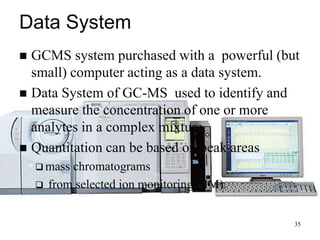 Data System
 GCMS system purchased with a powerful (but
  small) computer acting as a data system.
 Data System of GC-MS used to identify and
  measure the concentration of one or more
  analytes in a complex mixture.
 Quantitation can be based on peak areas
     mass  chromatograms
       from selected ion monitoring(SIM).


                                             35
 