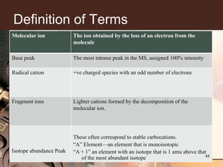 Definition of Terms
Molecular ion            The ion obtained by the loss of an electron from the
                         molecule

Base peak                The most intense peak in the MS, assigned 100% intensity

Radical cation           +ve charged species with an odd number of electrons




Fragment ions            Lighter cations formed by the decomposition of the
                         molecular ion.




                         These often correspond to stable carbocations.
                         ―A‖ Element—an element that is monoisotopic
Isotope abundance Peak   ―A + 1‖ an element with an isotope that is 1 amu above that
                            of the most abundant isotope                           48
 