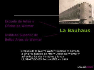 Escuela de Artes y Oficios de Weimar Instituto Superior de Bellas Artes de Weimar La Bauhaus Después de la Guerra Walter Gropious es llamado a dirigir la Escuela de Arte y Oficios De Weimar y así unifica los dos institutos y funda LA STAATLICHES BAUHAUSES en 1919 Línea del  tiempo 