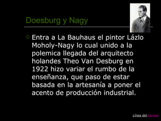 Doesburg y Nagy Entra a La Bauhaus el pintor Lázlo Moholy-Nagy lo cual unido a la polemica llegada del arquitecto holandes Theo Van Desburg en 1922 hizo variar el rumbo de la enseñanza, que paso de estar basada en la artesanía a poner el acento de producción industrial. Línea del  tiempo 