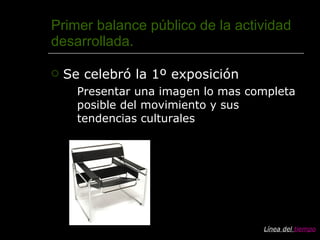 Primer balance público de la actividad desarrollada. Se celebró la 1º exposición  Presentar una imagen lo mas completa posible del movimiento y sus tendencias culturales  Línea del  tiempo 