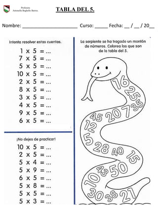 Profesora
Antonella Beghello Barros. TABLA DEL 5.
Nombre: _____________________ Curso: _____ Fecha: __ / __ / 20__
 