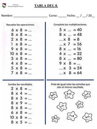 Profesora
Antonella Beghello Barros. TABLA DEL 8.
Nombre: _____________________ Curso: _____ Fecha: __ / __ / 20__
 