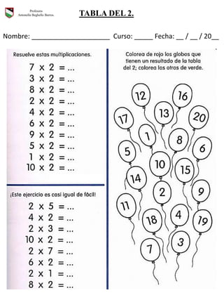 Nombre: _____________________ Curso: _____ Fecha: __ / __ / 20__
Profesora
Antonella Beghello Barros. TABLA DEL 2.
 