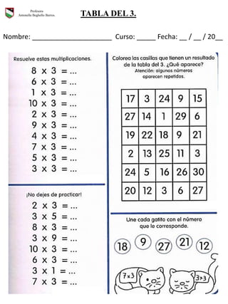 Nombre: _____________________ Curso: _____ Fecha: __ / __ / 20__
Profesora
Antonella Beghello Barros. TABLA DEL 3.
 