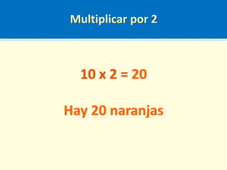 Multiplicar por 2
10 x 2 = 20
Hay 20 naranjas
 