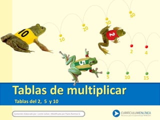 Tablas de multiplicar
Contenido elaborado por: Loreto Jullian I Modificado por Paola Ramírez G.
Tablas del 2, 5 y 10
2 4
5 10 15
 