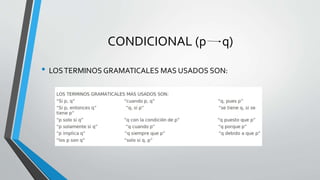 CONDICIONAL (p q)
• LOSTERMINOS GRAMATICALES MAS USADOS SON:
 