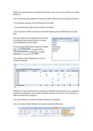 Desde este panel podemos personalizar la forma en que van a verse los datos en la tabla
dinámica.

Con esta herramienta podríamos contruir una tabla dinámica con la siguiente estructura:

- Una fila para cada una de las Referencias de la tabla.

- Una columna para cada uno de los Meses de la tabla.

- En el resto de la tabla incluiremos el total del Importe para cada Referencia en cada
Mes.

Para ello simplemente tendremos que arrastrar
los elementos que vemos listados a su lugar
correspondiente al pie del panel.

En este ejemplo deberíamos arrastrar el campo
REF a                  , el campo MES a
                   y finalmente el campo
IMPORTE a la sección              .

Tras realizar la tabla dinámica este sería el
resultado obtenido.




Podemos ver que la estructura es la que hemos definido anteriormente, en el campo fila
tenemos las referencias, en el campo columnas tenemos los meses y en el centro de la
tabla las sumas de los importes.

Con esta estructura es mucho más fácil analizar los resultados.

Una vez creada la tabla dinámica nos aparece la pestaña Opciones:
 