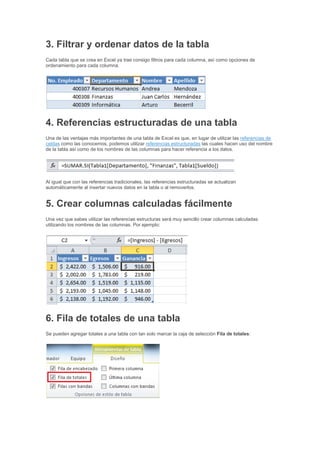 3. Filtrar y ordenar datos de la tabla
Cada tabla que se crea en Excel ya trae consigo filtros para cada columna, así como opciones de
ordenamiento para cada columna.
4. Referencias estructuradas de una tabla
Una de las ventajas más importantes de una tabla de Excel es que, en lugar de utilizar las referencias de
celdas como las conocemos, podemos utilizar referencias estructuradas las cuales hacen uso del nombre
de la tabla así como de los nombres de las columnas para hacer referencia a los datos.
Al igual que con las referencias tradicionales, las referencias estructuradas se actualizan
automáticamente al insertar nuevos datos en la tabla o al removerlos.
5. Crear columnas calculadas fácilmente
Una vez que sabes utilizar las referencias estructuras será muy sencillo crear columnas calculadas
utilizando los nombres de las columnas. Por ejemplo:
6. Fila de totales de una tabla
Se pueden agregar totales a una tabla con tan solo marcar la caja de selección Fila de totales:
 