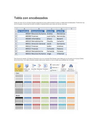 Tabla con encabezados
Antes de hacer clic en el botón Aceptar asegúrate de tener seleccionada la opción La tabla tiene encabezados. Finalmente haz
clic en Aceptar y Excel dará formato a la tabla e insertará filtros para cada una de las columnas.
Otra forma de insertar una tabla es haciendo clic en el comando Dar formato como tabla que se encuentra en el grupo Estilos
de la ficha Inicio. Con este comando puedes seleccionar desde un inicio el estilo que prefieres dar a la tabla.
 