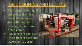 Contoso Ltd.
Add a footer
18
Detensioning and CuttingDETENSIONING AND CUTTING
• 18 hrs later, when quality
checks confirm that
required concrete
strength has been
reached, strands are
detensioned.
• PSC concrete bed is cut
into different elements
according to design.
 