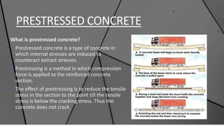 Contoso Ltd.
Add a footer
4
PRESTRESSED CONCRETE
What is prestressed concrete?
○ Prestressed concrete is a type of concrete in
which internal stresses are induced to
counteract extract stresses.
○ Prestressing is a method in which compression
force is applied to the reinforced concrete
section.
○ The effect of prestressing is to reduce the tensile
stress in the section to the point till the tensile
stress is below the cracking stress. Thus the
concrete does not crack.
 
