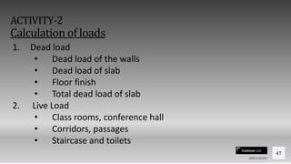 Contoso Ltd.
ACTIVITY-2
Calculation of loads
Add a footer
47
1. Dead load
• Dead load of the walls
• Dead load of slab
• Floor finish
• Total dead load of slab
2. Live Load
• Class rooms, conference hall
• Corridors, passages
• Staircase and toilets
 