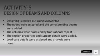 Contoso Ltd.
ACTIVITY-5
DESIGN OF BEAMS AND COLUMNS
Add a footer
52
• Designing is carried out using STAAD PRO
• The nodes were assigned and the corresponding beams
were added
• The columns were produced by translational repeat
• The section properties and support details were added.
• Load case details were assigned and analysis were
done.
 