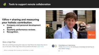 Tools to support remote collaboration
15five = sharing and measuring
your holistic contribution.
● Company and personal de...