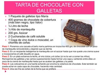 TARTA DE CHOCOLATE CON
                    GALLETAS
      1 Paquete de galletas tipo María
      400 gramos de chocolate de cobertura
       (más bien negro, tipo Valor)
      ¼ Litro de leche
      ¼ Kilo de mantequilla
      200 grs. Azúcar
      2 Cucharadas de café soluble
      1 Copa de vino dulce o moscatel, un
       chorrillo de coñac
Paso 1: Ponemos una cazuela al baño maría partimos en trozos los 400 grs. de chocolate con un poco
de mantequilla removiéndolo y dejando que se derrita
Paso 2: En un recipiente trabajamos la mantequilla con el azúcar hasta que nos quede una crema suave
e incorporamos el café disuelto en agua.
Paso 3: En un plato echamos la leche, el vino dulce y el coñac (si no la van a comer los niños).
Remojamos las galletas y las vamos superponiendo hasta formar una capa y vertiendo entre ellas un
poco de la crema de mantequilla hasta que se acaben las galletas y la pasta.
Paso 4: Las colocamos en una fuente echando por encima la cobertura de chocolate. Este también se
puede echar en cada capa de chocolate, haciendo más cantidad.
Paso 5: Una vez fría se cortan de la forma que se prefiera
 