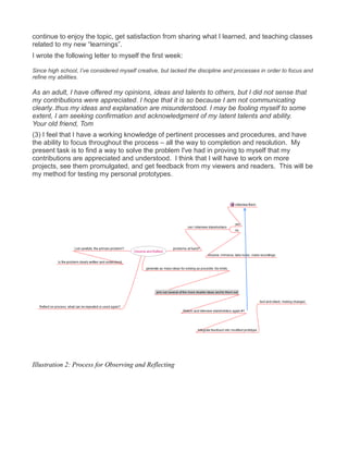 continue to enjoy the topic, get satisfaction from sharing what I learned, and teaching classes
related to my new “learnings”.
I wrote the following letter to myself the first week:
Since high school, I’ve considered myself creative, but lacked the discipline and processes in order to focus and
refine my abilities.
As an adult, I have offered my opinions, ideas and talents to others, but I did not sense that
my contributions were appreciated. I hope that it is so because I am not communicating
clearly..thus my ideas and explanation are misunderstood. I may be fooling myself to some
extent, I am seeking confirmation and acknowledgment of my latent talents and ability.
Your old friend, Tom
(3) I feel that I have a working knowledge of pertinent processes and procedures, and have
the ability to focus throughout the process – all the way to completion and resolution. My
present task is to find a way to solve the problem I've had in proving to myself that my
contributions are appreciated and understood. I think that I will have to work on more
projects, see them promulgated, and get feedback from my viewers and readers. This will be
my method for testing my personal prototypes.
Illustration 2: Process for Observing and Reflecting
 