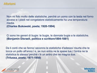 Non mi fido molto delle statistiche, perché un uomo con la testa nel forno acceso e i piedi nel congelatore statisticamente ha una temperatura media. 
(Charles Bukowski, poeta; 1920-1994) 
Ci sono tre generi di bugie: le bugie, le dannate bugie e le statistiche. 
(Benjamin Disraeli, politico e scrittore1804-1881) 
Da li conti che se fanno/ seconno le statistiche d'adesso/ risurta che te tocca un pollo all'anno:/ e, se nun entra ne le spese tue,/ t'entra ne la statistica lo stesso/ perché c'è un antro che ne magna due. 
(Trilussa, poeta; 1871-1950) 
Aforismi  