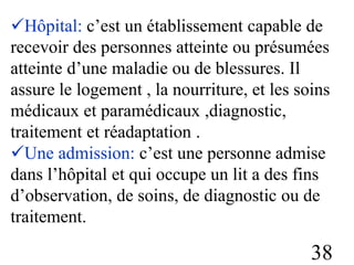 Hôpital: c’est un établissement capable de
recevoir des personnes atteinte ou présumées
atteinte d’une maladie ou de blessures. Il
assure le logement , la nourriture, et les soins
médicaux et paramédicaux ,diagnostic,
traitement et réadaptation .
Une admission: c’est une personne admise
dans l’hôpital et qui occupe un lit a des fins
d’observation, de soins, de diagnostic ou de
traitement.
38
 