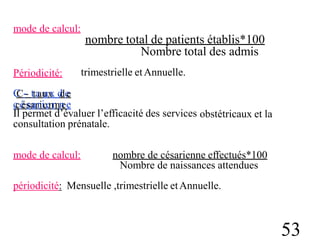 mode de calcul:
nombre total de patients établis*100
Nombre total des admis
trimestrielle etAnnuelle.
Périodicité:
C
C-- tta
au
ux
x d
de
e
c
cé
és
sa
arriieenn
nn
ee
Il permet d’évaluer l’efficacité des services
consultation prénatale.
obstétricaux et la
mode de calcul: nombre de césarienne effectués*100
Nombre de naissances attendues
périodicité: Mensuelle ,trimestrielle etAnnuelle.
53
 