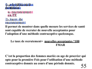 I1-- p
plla
aln
lifiifcia
cta
io
tillon
f
fa
alm
lliliilaiia
ele
a
a-- rre
eccrruute
te
mm
enetnt
e
en
n P
PF
F
11-- tta
au
uxx d
de
e
rre
ec
crruute
te
mm
enetnt
Il permet de montrer dans quelle mesure les services de santé
sont capable de recruter de nouvelle acceptantes pour
l’adoption d’une méthode contraceptive quelconque.
Le taux de recrutement= nouvelles acceptantes *100
FMAR
C’est la proportion des femmes mariée en age de procréer qui
opte pour la première Fois pour l’utilisation d’une méthode
contraceptive donnée au cours d’une période donnée.
55
 