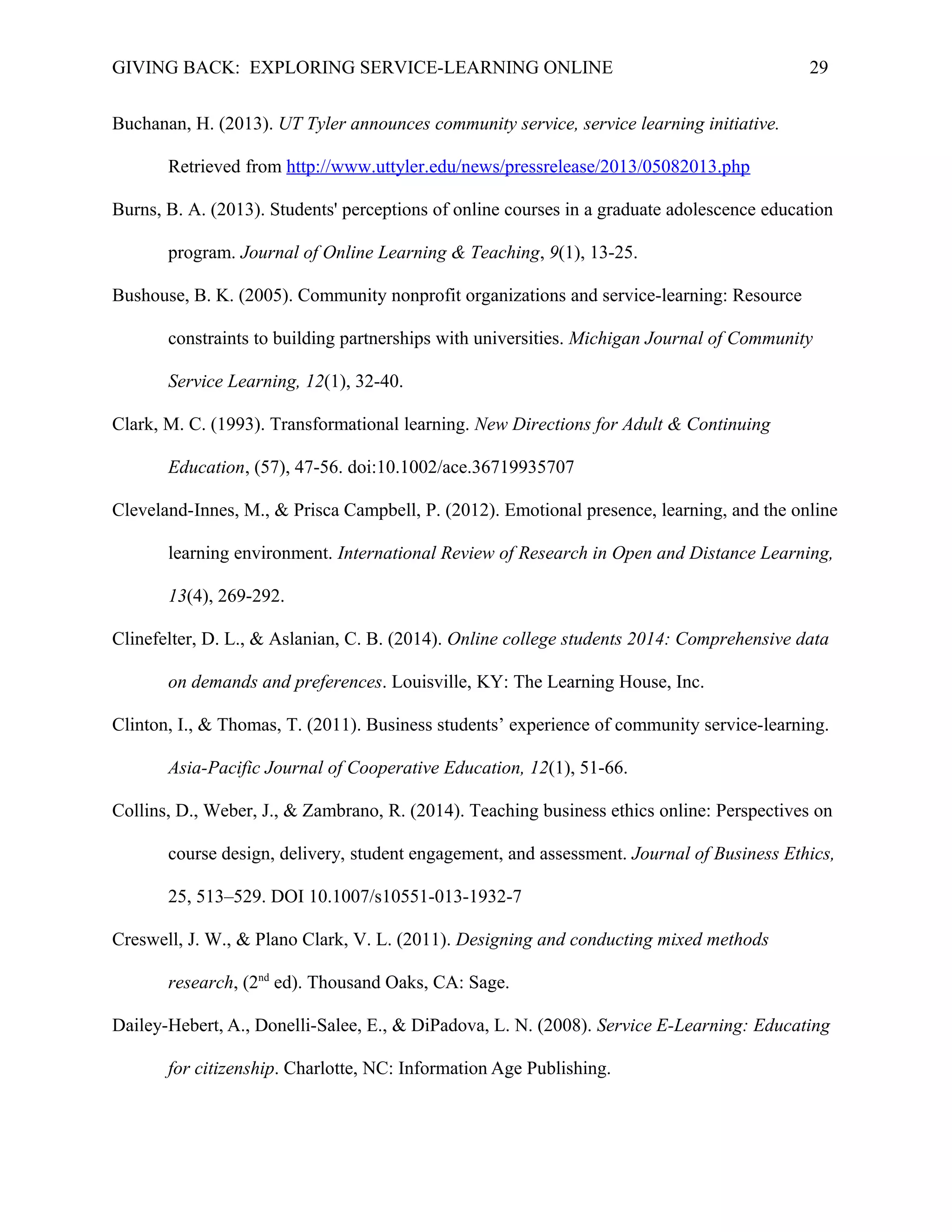 GIVING BACK: EXPLORING SERVICE-LEARNING ONLINE 29
Buchanan, H. (2013). UT Tyler announces community service, service learning initiative.
Retrieved from http://www.uttyler.edu/news/pressrelease/2013/05082013.php
Burns, B. A. (2013). Students' perceptions of online courses in a graduate adolescence education
program. Journal of Online Learning & Teaching, 9(1), 13-25.
Bushouse, B. K. (2005). Community nonprofit organizations and service-learning: Resource
constraints to building partnerships with universities. Michigan Journal of Community
Service Learning, 12(1), 32-40.
Clark, M. C. (1993). Transformational learning. New Directions for Adult & Continuing
Education, (57), 47-56. doi:10.1002/ace.36719935707
Cleveland-Innes, M., & Prisca Campbell, P. (2012). Emotional presence, learning, and the online
learning environment. International Review of Research in Open and Distance Learning,
13(4), 269-292.
Clinefelter, D. L., & Aslanian, C. B. (2014). Online college students 2014: Comprehensive data
on demands and preferences. Louisville, KY: The Learning House, Inc.
Clinton, I., & Thomas, T. (2011). Business students’ experience of community service-learning.
Asia-Pacific Journal of Cooperative Education, 12(1), 51-66.
Collins, D., Weber, J., & Zambrano, R. (2014). Teaching business ethics online: Perspectives on
course design, delivery, student engagement, and assessment. Journal of Business Ethics,
25, 513–529. DOI 10.1007/s10551-013-1932-7
Creswell, J. W., & Plano Clark, V. L. (2011). Designing and conducting mixed methods
research, (2nd
ed). Thousand Oaks, CA: Sage.
Dailey-Hebert, A., Donelli-Salee, E., & DiPadova, L. N. (2008). Service E-Learning: Educating
for citizenship. Charlotte, NC: Information Age Publishing.
 