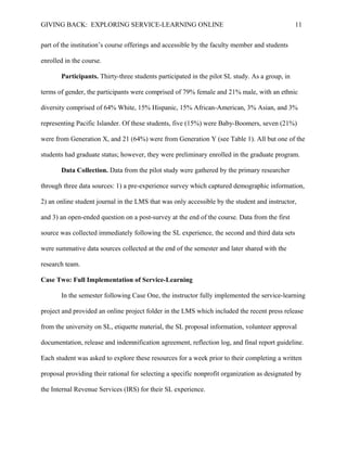 GIVING BACK: EXPLORING SERVICE-LEARNING ONLINE 11
part of the institution’s course offerings and accessible by the faculty member and students
enrolled in the course.
Participants. Thirty-three students participated in the pilot SL study. As a group, in
terms of gender, the participants were comprised of 79% female and 21% male, with an ethnic
diversity comprised of 64% White, 15% Hispanic, 15% African-American, 3% Asian, and 3%
representing Pacific Islander. Of these students, five (15%) were Baby-Boomers, seven (21%)
were from Generation X, and 21 (64%) were from Generation Y (see Table 1). All but one of the
students had graduate status; however, they were preliminary enrolled in the graduate program.
Data Collection. Data from the pilot study were gathered by the primary researcher
through three data sources: 1) a pre-experience survey which captured demographic information,
2) an online student journal in the LMS that was only accessible by the student and instructor,
and 3) an open-ended question on a post-survey at the end of the course. Data from the first
source was collected immediately following the SL experience, the second and third data sets
were summative data sources collected at the end of the semester and later shared with the
research team.
Case Two: Full Implementation of Service-Learning
In the semester following Case One, the instructor fully implemented the service-learning
project and provided an online project folder in the LMS which included the recent press release
from the university on SL, etiquette material, the SL proposal information, volunteer approval
documentation, release and indemnification agreement, reflection log, and final report guideline.
Each student was asked to explore these resources for a week prior to their completing a written
proposal providing their rational for selecting a specific nonprofit organization as designated by
the Internal Revenue Services (IRS) for their SL experience.
 