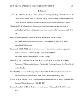 GIVING BACK: EXPLORING SERVICE-LEARNING ONLINE 28
References
Allen, I. E., & Seaman, J. (2016). Online report card tracking: Tracking online education in the
United States. Babson Park, MA: Babson Survey Research Group and Quahog Research
Group. Retrieved from http://onlinelearningsurvey.com/reports/onlinereportcard.pdf
Alrushiedat, N., & Olfman, L. (2013). Assisting collaboration and peer learning: Case of
anchored asynchronous online discussions. European Journal of Management, 13(4), 93-
100.
Association for Experiential Education. (2014). West Region. Retrieved from
http://www.aee.org/index.php?option=com_content&view=article&id=31:west-
region&catid=22:connect
Baumann, P. (2012). NCLC schools of success network shows that service-learning quality
matters. Education Commission of the States. Retrieved from
http://www.ecs.org/clearinghouse/01/05/09/10509.pdf
Bloom, B. S. (Ed.), Engelhart, M. D., Furst, E. J., Hill, W. H., & Krathwohl, D. R. (1956).
Taxonomy of Educational Objectives, Handbook I, Cognitive Domain. New York: David
McKay Co., Inc.
Bok, D. (2006). Our underachieving colleges: A candid look at how much students learn and
why they should be learning more. New Jersey: Princeton University Press.
Bringle, R. G., & Hatcher, J. A. (1996). Implementing service learning in Higher Education. The
Journal of Higher Education, 67(2), 221-239.
Bryman, A., & Bell, E. (2015). Business research methods. Oxford, UK: Oxford University
Press.
 