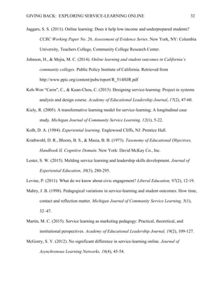 GIVING BACK: EXPLORING SERVICE-LEARNING ONLINE 32
Jaggars, S. S. (2011). Online learning: Does it help low-income and underprepared students?
CCRC Working Paper No. 26, Assessment of Evidence Series. New York, NY: Columbia
University, Teachers College, Community College Research Center.
Johnson, H., & Mejia, M. C. (2014). Online learning and student outcomes in California’s
community colleges. Public Policy Institute of California. Retrieved from
http://www.ppic.org/content/pubs/report/R_514HJR.pdf
Keh-Wen “Carin", C., & Kuan-Chou, C. (2013). Designing service-learning: Project in systems
analysis and design course. Academy of Educational Leadership Journal, 17(2), 47-60.
Kiely, R. (2005). A transformative learning model for service-learning; A longitudinal case
study. Michigan Journal of Community Service Learning, 12(1), 5-22.
Kolb, D. A. (1984). Experiential learning. Englewood Cliffs, NJ: Prentice Hall.
Krathwohl, D. R., Bloom, B. S., & Masia, B. B. (1973). Taxonomy of Educational Objectives,
Handbook II, Cognitive Domain. New York: David McKay Co., Inc.
Lester, S. W. (2015). Melding service learning and leadership skills development. Journal of
Experiential Education, 38(3), 280-295.
Levine, P. (2011). What do we know about civic engagement? Liberal Education, 97(2), 12-19.
Mabry, J. B. (1998). Pedagogical variations in service-learning and student outcomes: How time,
contact and reflection matter. Michigan Journal of Community Service Learning, 5(1),
32–47.
Martin, M. C. (2015). Service learning as marketing pedagogy: Practical, theoretical, and
institutional perspectives. Academy of Educational Leadership Journal, 19(2), 109-127.
McGorry, S. Y. (2012). No significant difference in service-learning online. Journal of
Asynchronous Learning Networks, 16(4), 45-54.
 