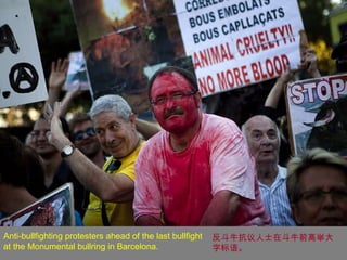 Anti-bullfighting protesters ahead of the last bullfight at the Monumental bullring in Barcelona. 反斗牛抗议人士在斗牛前高举大字标语。 