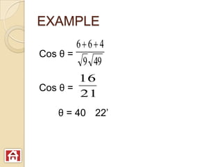 EXAMPLE
        664
Cos θ =
         9 49
        16
Cos θ =
        21
   θ = 40 22’
 