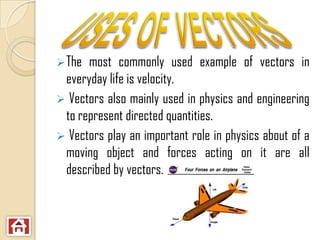  The most commonly used example of vectors in
 everyday life is velocity.
 Vectors also mainly used in physics and engineering
 to represent directed quantities.
 Vectors play an important role in physics about of a
 moving object and forces acting on it are all
 described by vectors.
 