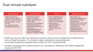 © Cisco и(или) ее аффилированные лица, 2014 г. Все права защищены. 31
Еще четыре сценария
§  СКЗИ для защиты ПДн при передаче в канале связи должны применяться обязательно,
если не будет доказано, что в канале связи невозможно осуществление
несанкционированных воздействий на ПДн (из 378-го приказа ФСБ)
§  Уровень защищенности канала связи и его способность обойтись без СКЗИ определяет
лицензиат ФСТЭК
Обезличивание
• Обезличивание из
персональных данных
делает неперсональные
• Они выпадают из под
ФЗ-152
• Не требуется даже
конфиденциальность
Оператор связи
• Оператор связи по
закону «О связи»
обязан обеспечивать
тайну связи
• Почему бы в договоре с
оператором явно не
прописать обязанность
обеспечить
конфиденциальность
всех передаваемых
данных, включая и ПДн
Оптика
• Снять информацию с
оптического канала
связи возможно, но
непросто и недешево
• Почему бы не
зафиксировать в
модели угроз
соответствующую
мысль
Виртуальные сети
• Для защиты от
несанкционированного
доступа на сетевом
уровне могут
применяться различные
технологии; не только
шифрование
• Например, MPLS,
обеспечивающая
разграничение доступа
 