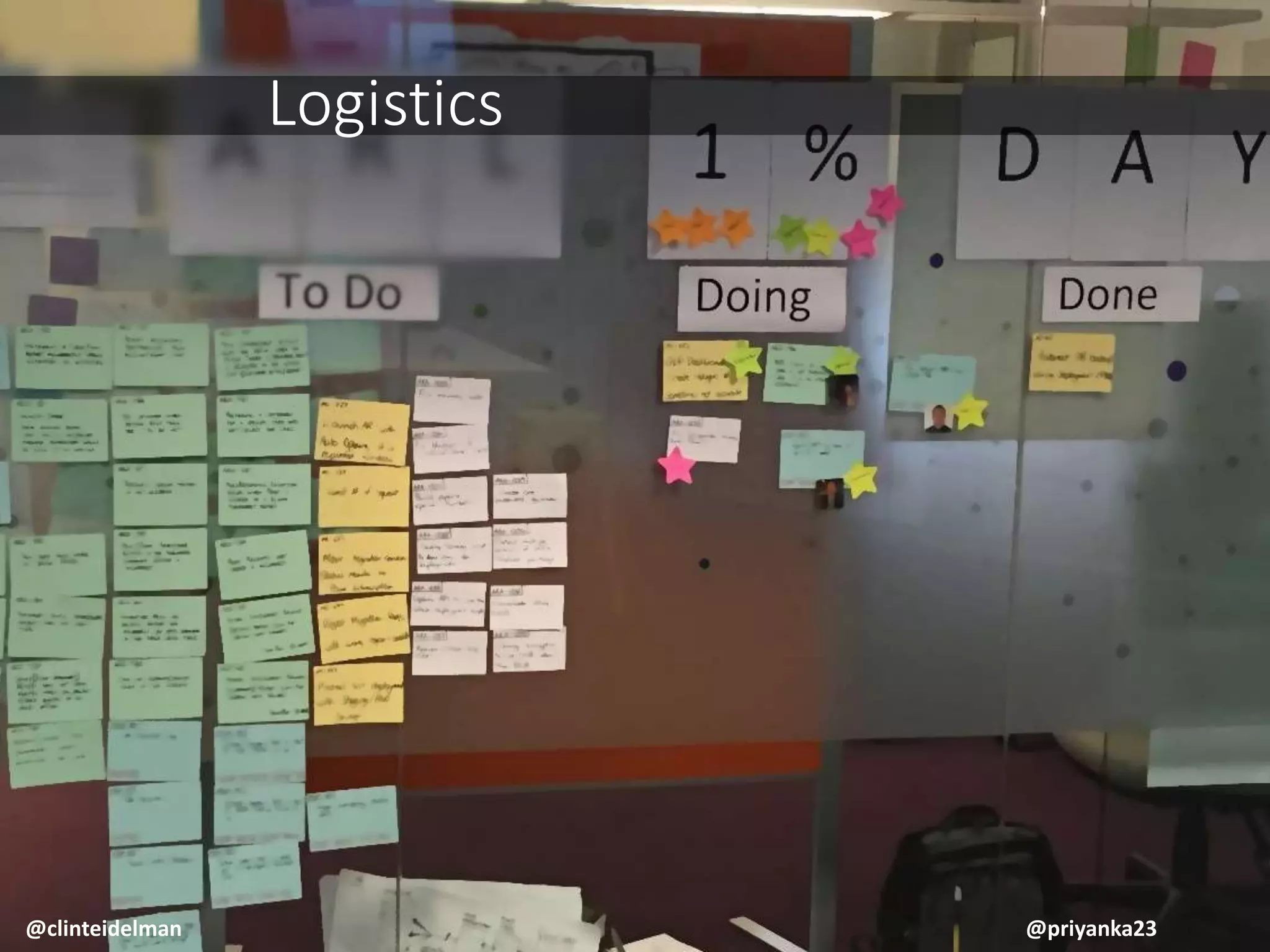 Logistics
@clinteidelman @priyanka23