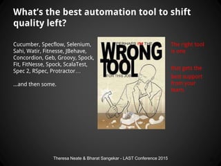 Theresa Neate & Bharat Sangekar - LAST Conference 2015
What’s the best automation tool to shift
quality left?
Cucumber, Sp...
