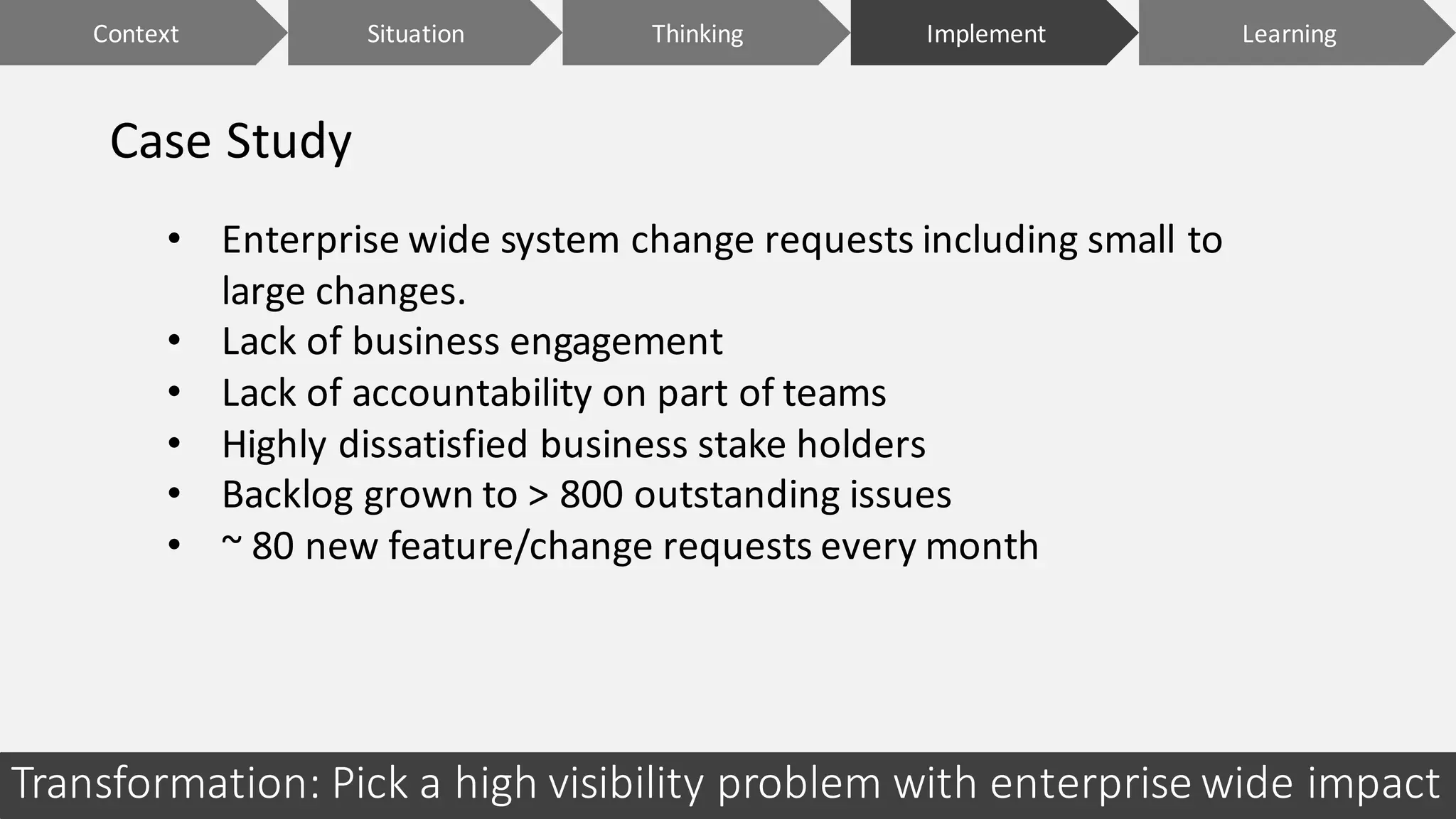 Context ImplementSituation LearningThinking
• Enterprise	wide	system	change	requests	including	small	to	
large	changes.
• Lack	of	business	engagement
• Lack	of	accountability	on	part	of	teams
• Highly	dissatisfied	business	stake	holders
• Backlog	grown	to	>	800	outstanding	issues
• ~	80	new	feature/change	requests	every	month
Transformation:	Pick	a	high	visibility	problem	with	enterprise	wide	impact
Case	Study
 